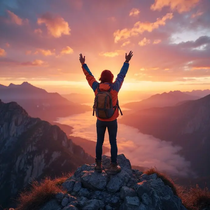 Person Lifting Hands Sky Mountain Sunset